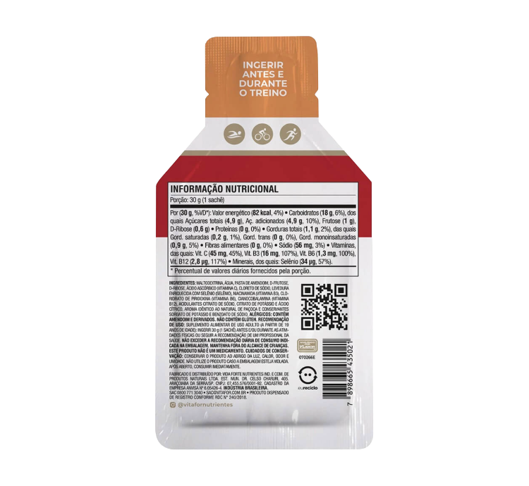 Endurance Energy Gel Sabor Paçoca 12 Sachês 30g Vitafor - Image 3